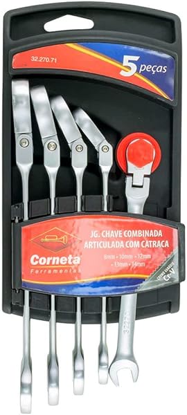 Jogo Chave Combinada Articulada com Catraca, 5 Peças, Corneta